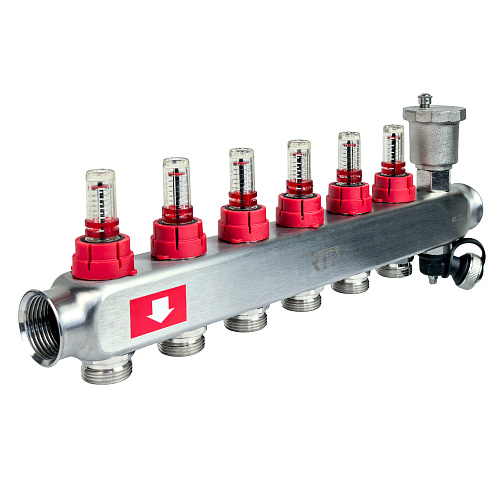 Коллекторная группа с регулирующими клапанами, расходомерами, воздухоотводчиками, обратными и дренажными клапанами, кронштейном (евроконус 3/4") нержавеющая сталь SUS 304 1"х 6 выходов, RTP