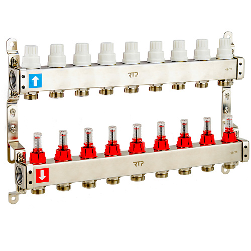 Коллекторная группа с расходомером и кронштейном (евроконус 3/4") нержавеющая сталь SUS 304 1"х 9 выходов, RTP