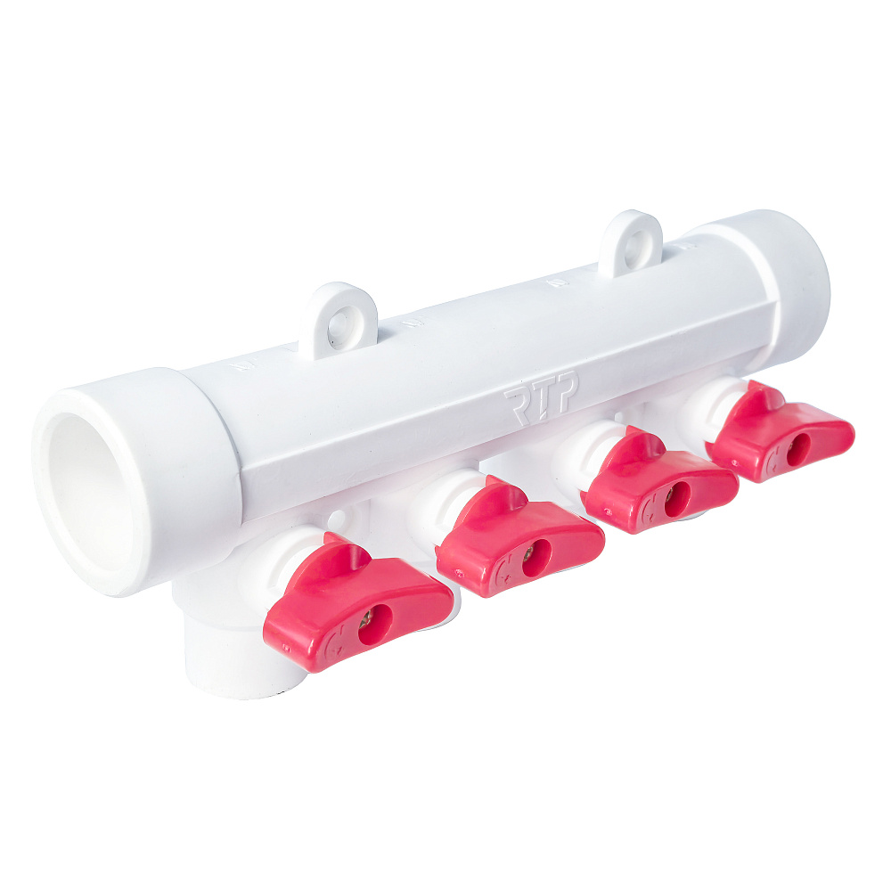 Коллектор с шаровым краном красный PPR 32х20/4, белый, RTP