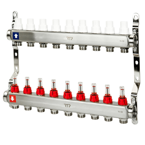 Коллекторная группа с расходомером и кронштейном (евроконус 3/4") нержавеющая сталь SUS 304 1"х 9 выходов, RTP