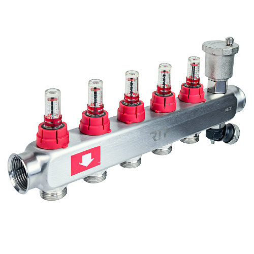 Коллекторная группа с регулирующими клапанами, расходомерами, воздухоотводчиками, обратными и дренажными клапанами, кронштейном (евроконус 3/4") нержавеющая сталь SUS 304 1"х 5 выходов, RTP