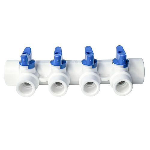Коллектор с шаровым краном синий PPR 32х20/4,  белый, RTP