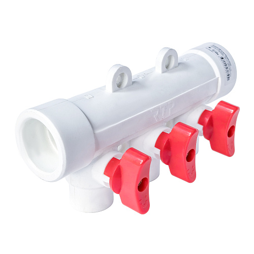 Коллектор с шаровым краном красный PPR 32х20/3,  белый, RTP