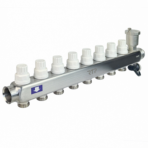 Коллекторная группа с регулирующими клапанами, расходомерами, воздухоотводчиками, обратными и дренажными клапанами, кронштейном (евроконус 3/4") нержавеющая сталь SUS 304 1"х 8 выходов, RTP