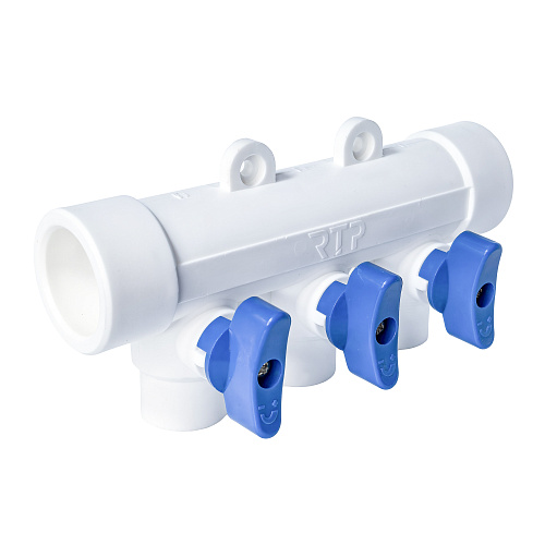 Коллектор с шаровым краном синий PPR 32х20/3,  белый, RTP