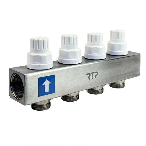 Коллекторная группа с расходомером и кронштейном (евроконус 3/4") нержавеющая сталь SUS 304 1"х 4 выхода, RTP