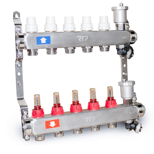 Коллекторная группа с регулирующими клапанами, расходомерами, воздухоотводчиками, обратными и дренажными клапанами, кронштейном (евроконус 3/4") нержавеющая сталь SUS 304 1"х 5 выходов, RTP