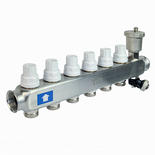 Коллекторная группа с регулирующими клапанами, расходомерами, воздухоотводчиками, обратными и дренажными клапанами, кронштейном (евроконус 3/4") нержавеющая сталь SUS 304 1"х 6 выходов, RTP