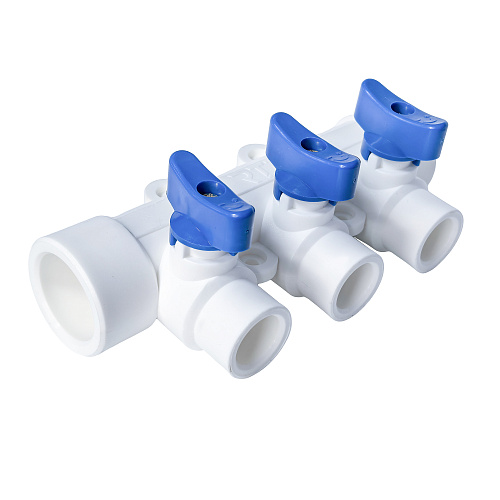 Коллектор с шаровым краном синий PPR 32х20/3,  белый, RTP