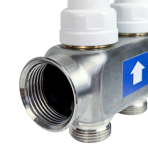 Коллекторная группа с регулирующими клапанами, расходомерами, воздухоотводчиками, обратными и дренажными клапанами, кронштейном (евроконус 3/4") нержавеющая сталь SUS 304 1"х 11 выходов, RTP