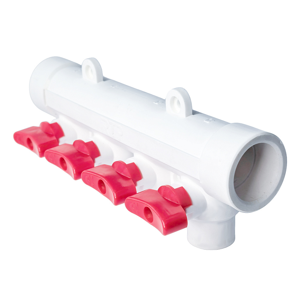 Коллектор с шаровым краном красный PPR 32х20/4, белый, RTP