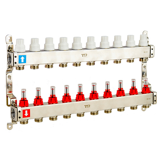 Коллекторная группа с расходомером и кронштейном (евроконус 3/4") нержавеющая сталь SUS 304 1"х10 выходов, RTP