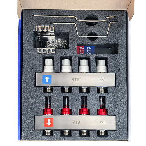 Коллекторная группа с расходомером и кронштейном (евроконус 3/4") нержавеющая сталь SUS 304 1"х 4 выхода, RTP