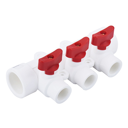 Коллектор с шаровым краном красный PPR 32х20/4, белый, RTP