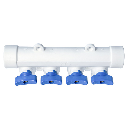 Коллектор с шаровым краном синий PPR 32х20/4,  белый, RTP