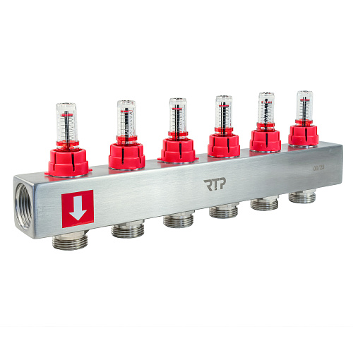 Коллекторная группа с расходомером и кронштейном (евроконус 3/4") нержавеющая сталь SUS 304 1"х 6 выходов, RTP