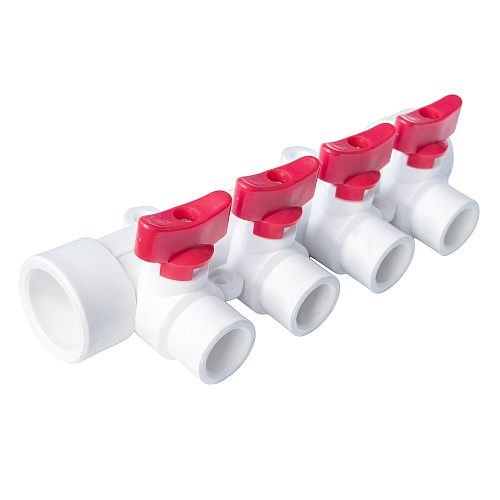 Коллектор с шаровым краном красный PPR 32х20/4,  белый, RTP