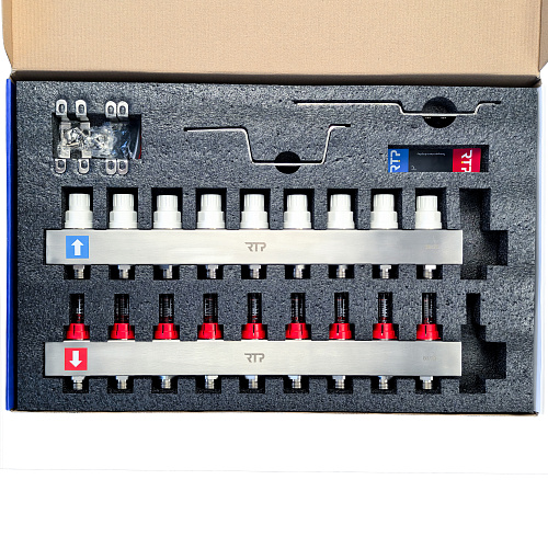 Коллекторная группа с расходомером и кронштейном (евроконус 3/4") нержавеющая сталь SUS 304 1"х 9 выходов, RTP