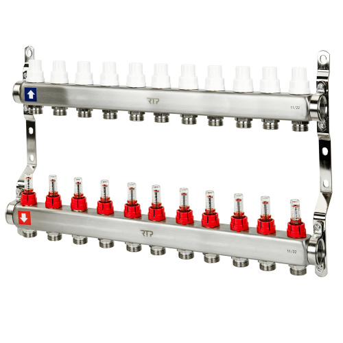 Коллекторная группа с расходомером и кронштейном (евроконус 3/4") нержавеющая сталь SUS 304 1"х11 выходов, RTP