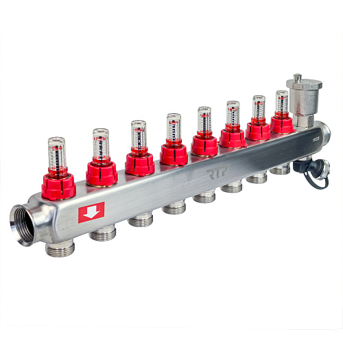 Коллекторная группа с регулирующими клапанами, расходомерами, воздухоотводчиками, обратными и дренажными клапанами, кронштейном (евроконус 3/4") нержавеющая сталь SUS 304 1"х 8 выходов, RTP