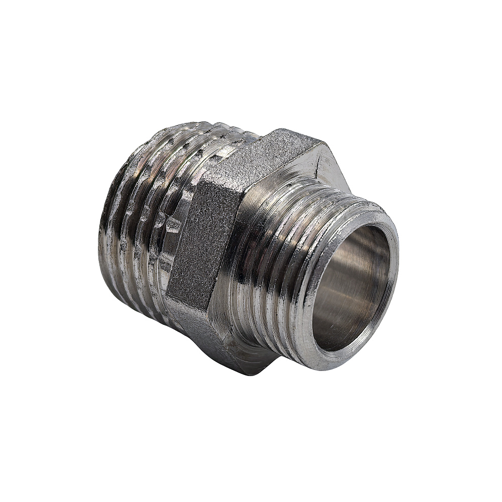 Ниппель переходной, латунь, наружная резьба 1/2"х3/8", еврослот, никель, РТП