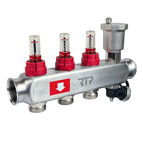 Коллекторная группа с регулирующими клапанами, расходомерами, воздухоотводчиками, обратными и дренажными клапанами, кронштейном (евроконус 3/4") нержавеющая сталь SUS 304 1"х 3 выхода, RTP