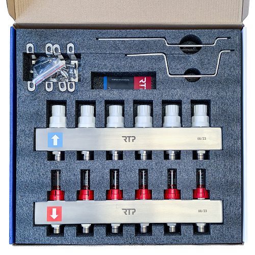 Коллекторная группа с расходомером и кронштейном (евроконус 3/4") нержавеющая сталь SUS 304 1"х 6 выходов, RTP