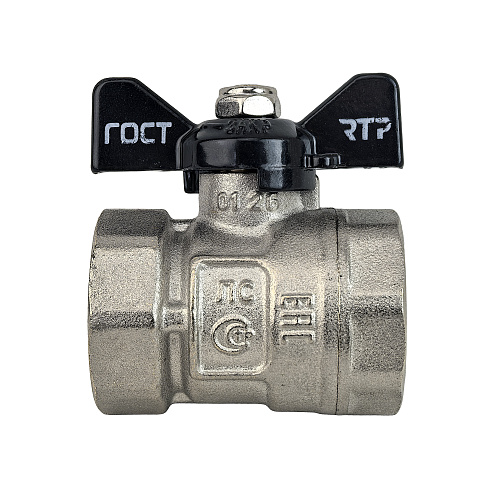 Кран шаровой ГОСТ ручка бабочка, латунь, внутренняя/внутренняя резьба  3/4",PN40 никель, RTP