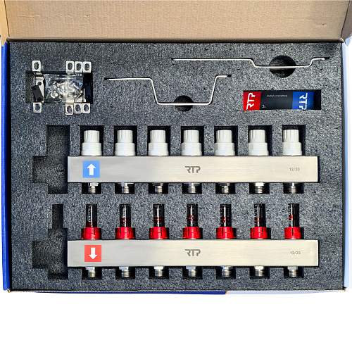 Коллекторная группа с расходомером и кронштейном (евроконус 3/4") нержавеющая сталь SUS 304 1"х 7 выходов, RTP