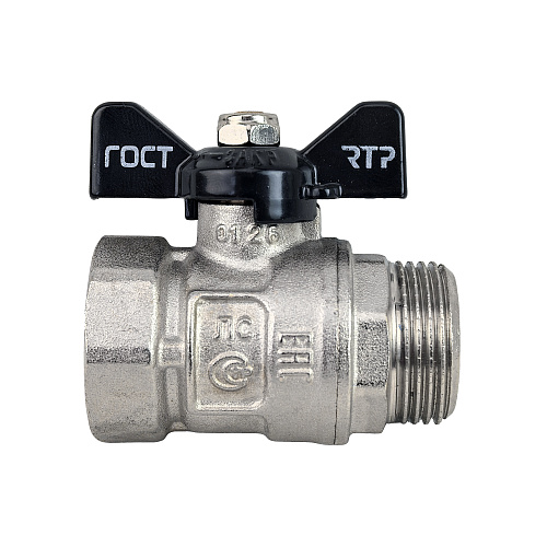 Кран шаровой ГОСТ ручка бабочка, латунь, внутренняя/наружная резьба  3/4",PN40 никель, RTP