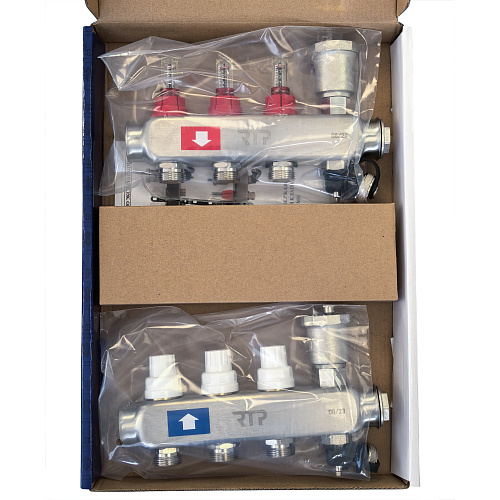 Коллекторная группа с регулирующими клапанами, расходомерами, воздухоотводчиками, обратными и дренажными клапанами, кронштейном (евроконус 3/4") нержавеющая сталь SUS 304 1"х 3 выхода, RTP