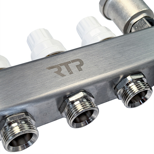 Коллекторная группа с регулирующими клапанами, расходомерами, воздухоотводчиками, обратными и дренажными клапанами, кронштейном (евроконус 3/4") нержавеющая сталь SUS 304 1"х 11 выходов, RTP