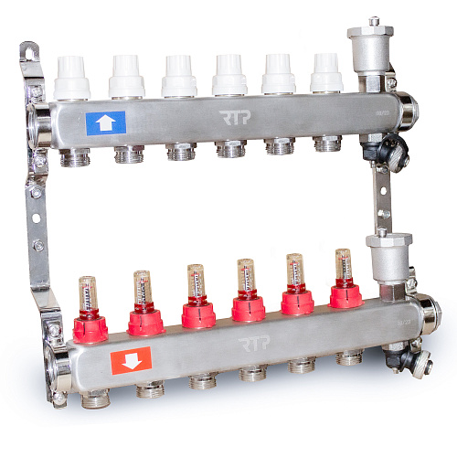 Коллекторная группа с регулирующими клапанами, расходомерами, воздухоотводчиками, обратными и дренажными клапанами, кронштейном (евроконус 3/4") нержавеющая сталь SUS 304 1"х 6 выходов, RTP