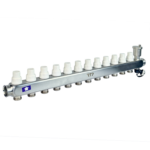 Коллекторная группа с регулирующими клапанами, расходомерами, воздухоотводчиками, обратными и дренажными клапанами, кронштейном (евроконус 3/4") нержавеющая сталь SUS 304 1"х 12 выходов, RTP
