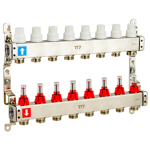 Коллекторная группа с расходомером и кронштейном (евроконус 3/4") нержавеющая сталь SUS 304 1"х 8 выходов, RTP