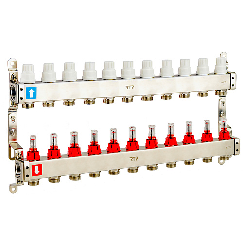 Коллекторная группа с расходомером и кронштейном (евроконус 3/4") нержавеющая сталь SUS 304 1"х12 выходов, RTP