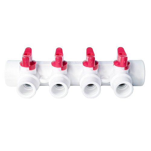 Коллектор с шаровым краном красный PPR 32х20/4,  белый, RTP