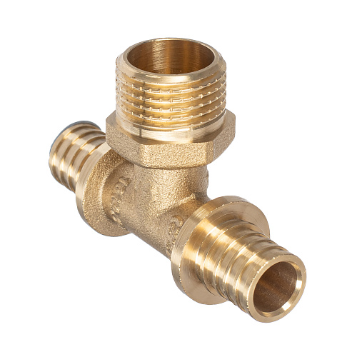 Тройник аксиальный, латунь, наружная резьба,16х1/2", желтый, RTP